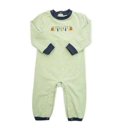 Green striped baby onesie with colorful tools on chest