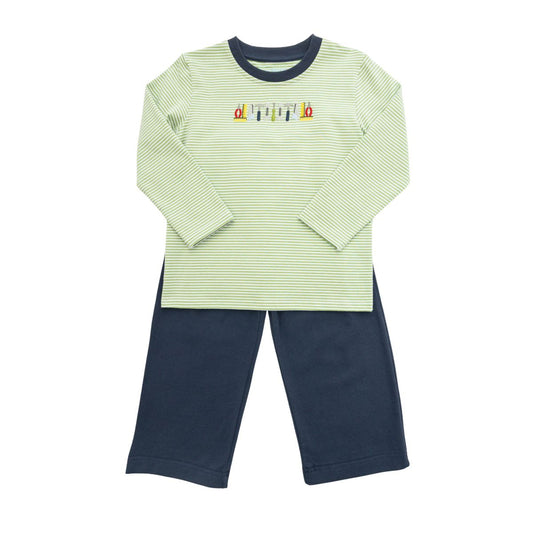 A children's two-piece pant set featuring a light green and white striped long-sleeve top with a navy blue crew neck and colorful tools across chest  paired with solid navy blue pants, shown on a plain white background.