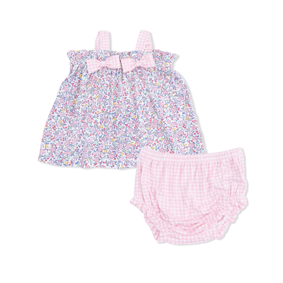 Baby girl's floral top with pink gingham bows, straps and ruffle leg bloomers.