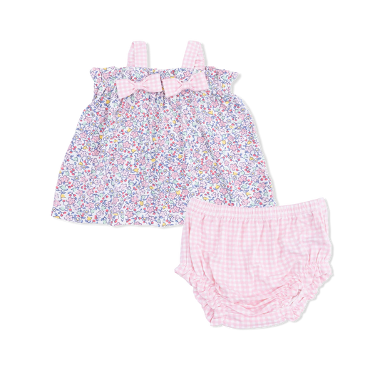 Baby girl's floral top with pink gingham bows, straps and ruffle leg bloomers.