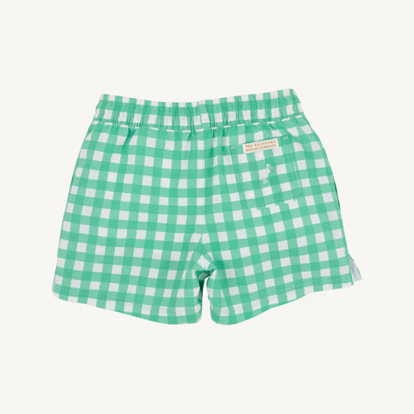 Green and white checkered swim shorts on a white background