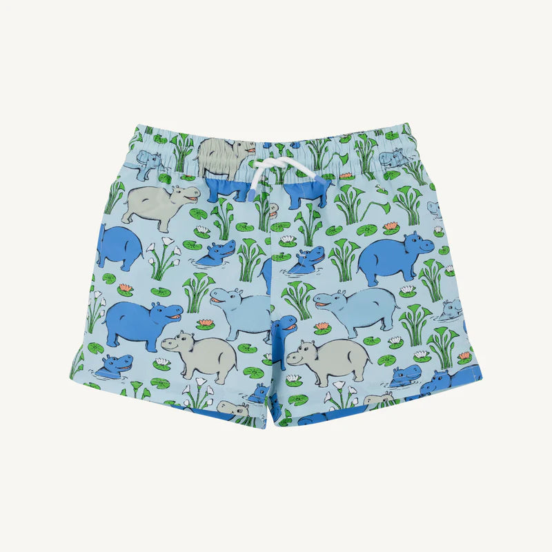 Boy's swim trunks with hippo print.