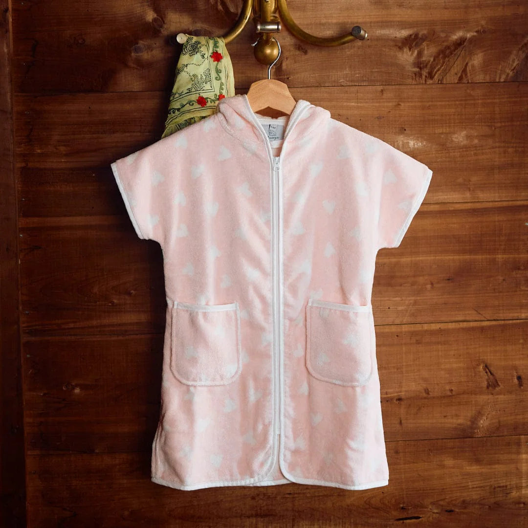 Pink Beach Coverup with white hearts and a hood 