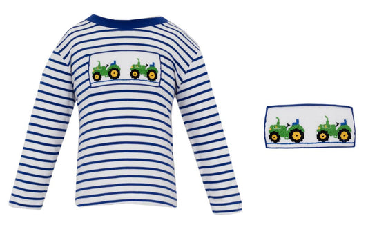 Smocked Tractor Striped Shirt