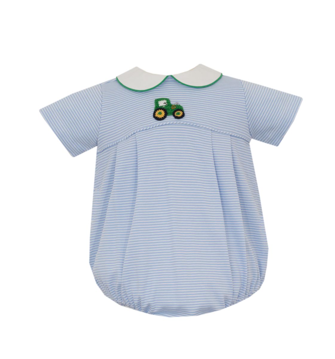 A baby romper in light blue and white stripes, featuring a white Peter Pan collar with green trim and an embroidered green tractor motif on the chest.