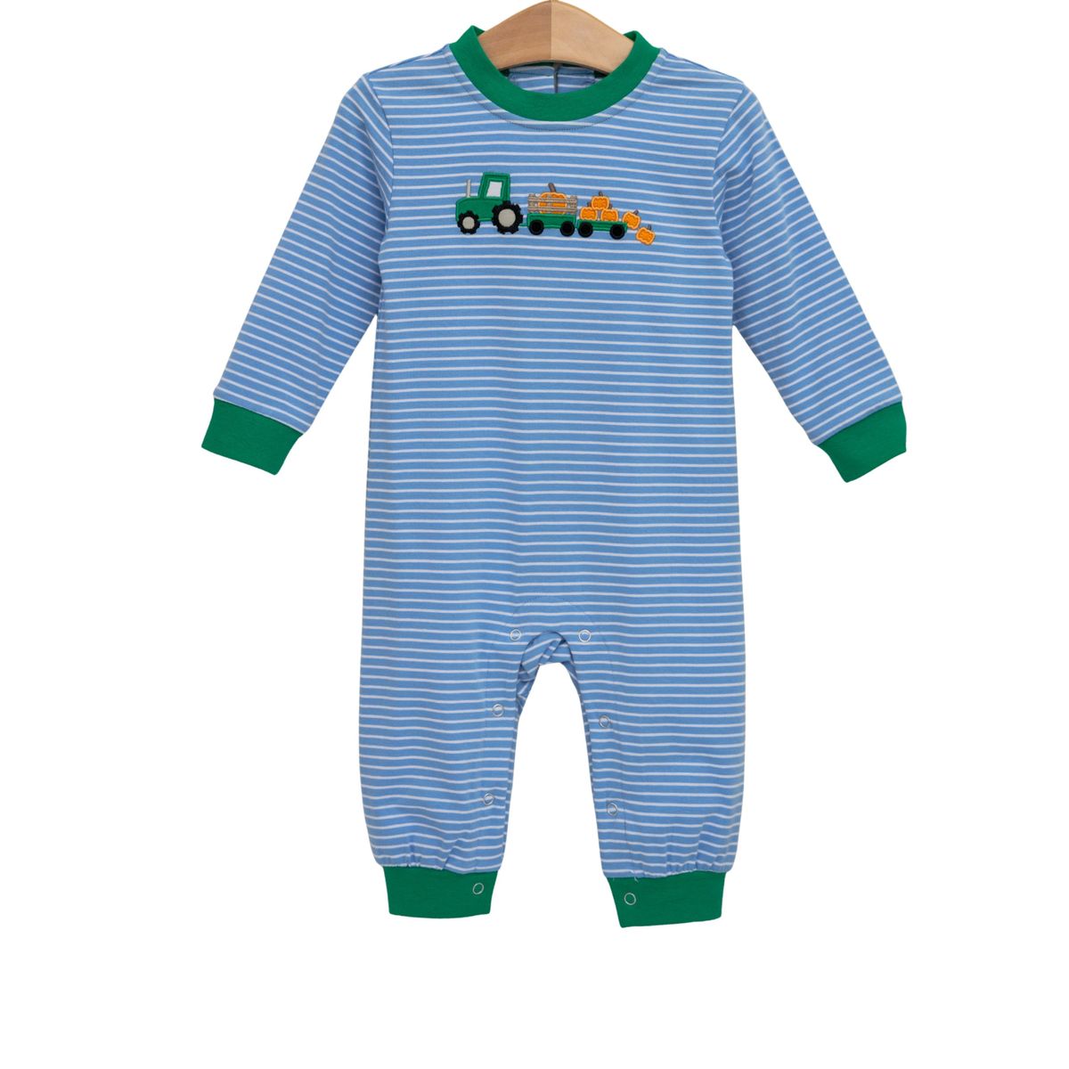 Blue and green striped baby romper with a tractor design 