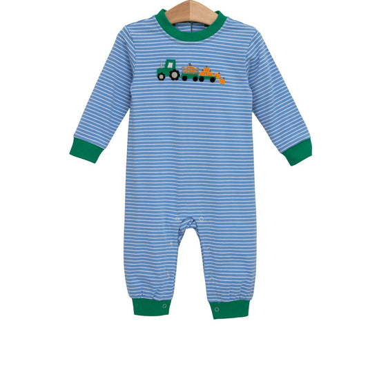 Blue and green striped baby romper with a tractor design 