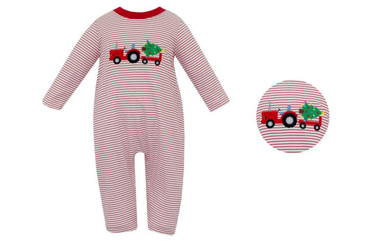 TRACTOR WITH TREE- Red knit stripe boy´s long romper