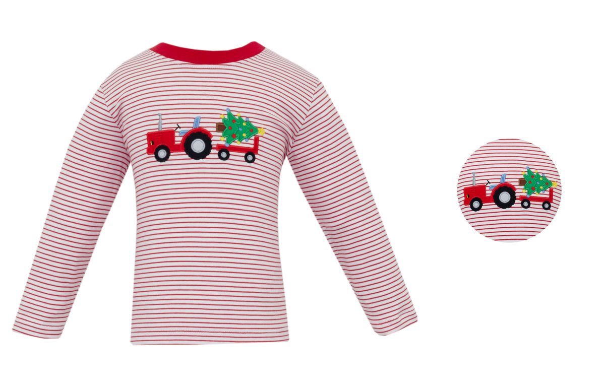 TRACTOR WITH TREE- Red knit stripe boy´s T-shirt
