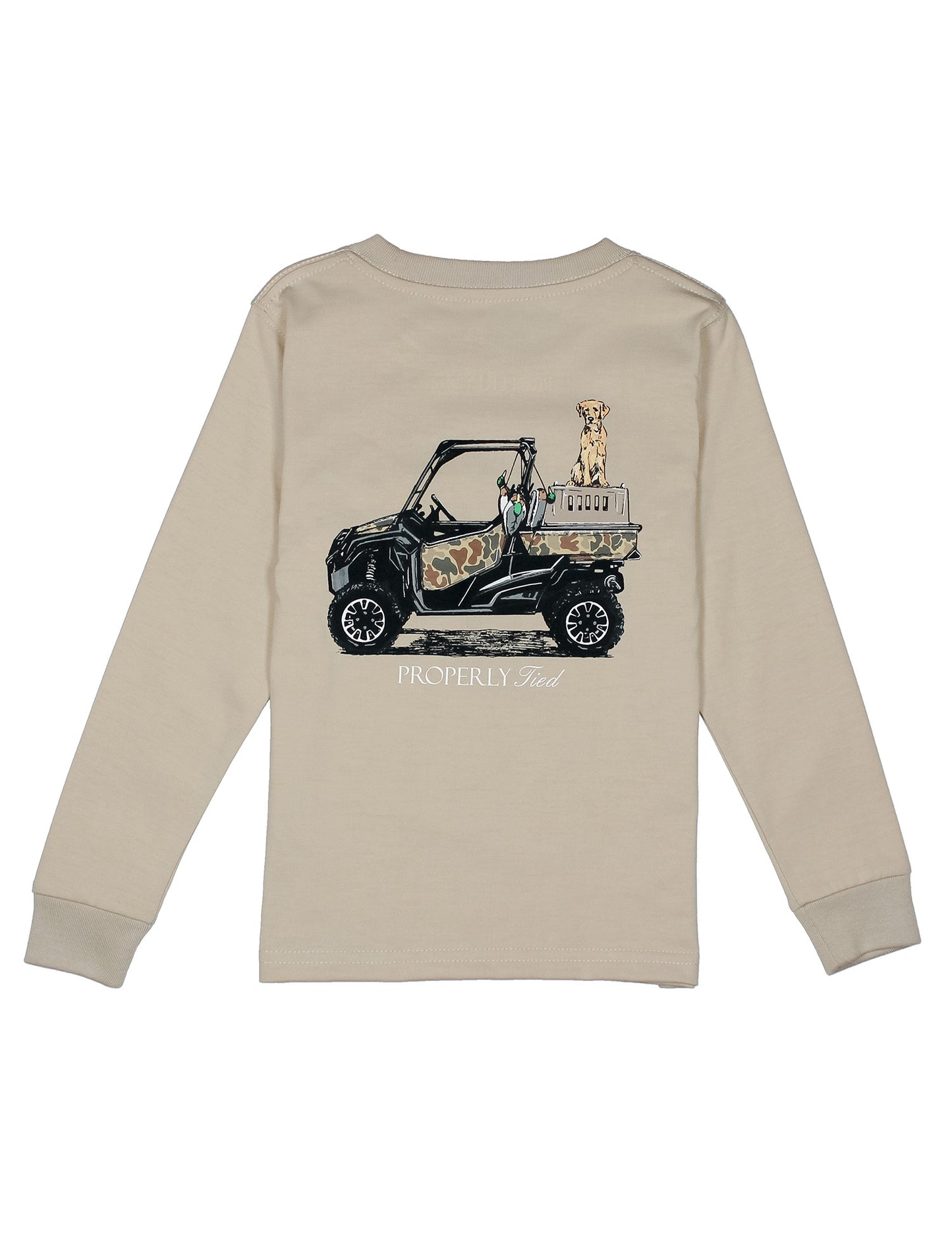 Beige long-sleeve shirt with a graphic of a UTV and dogs on the back, on a white background.