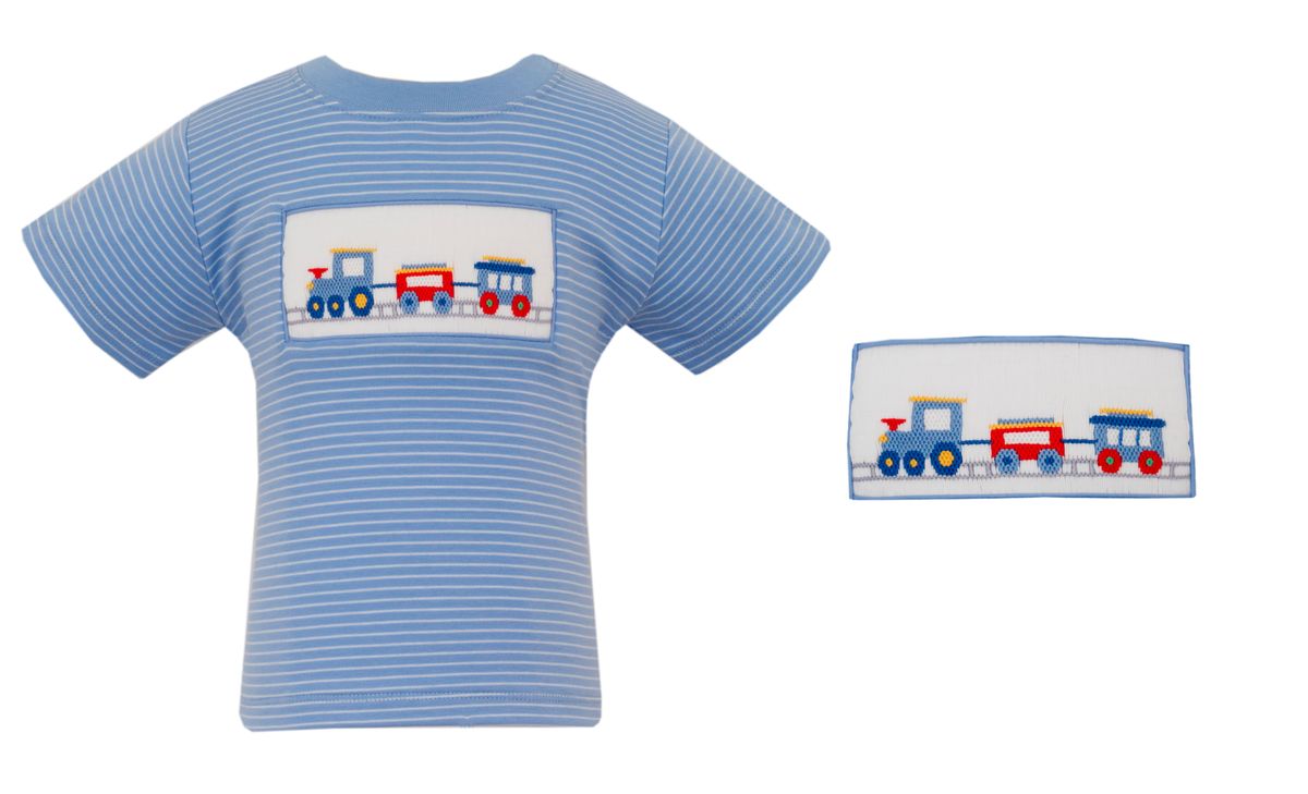 Blue striped shirt with smocked train design on chest