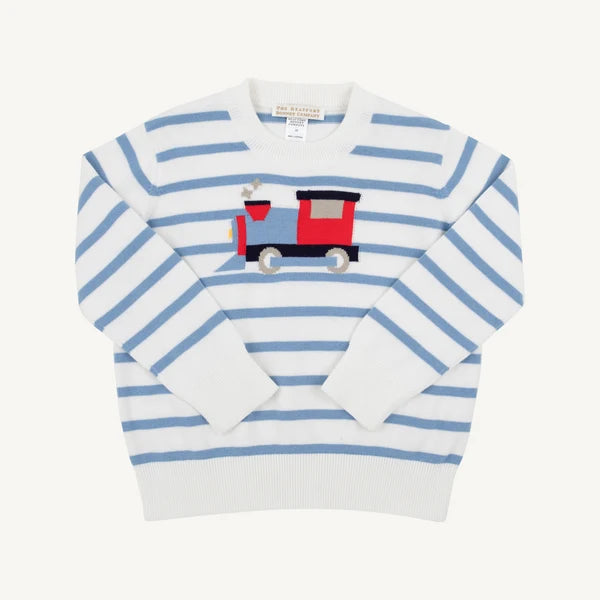 A white and light blue horizontally striped knit sweater with a red and blue train applique on the chest, displayed flat against a light cream background.