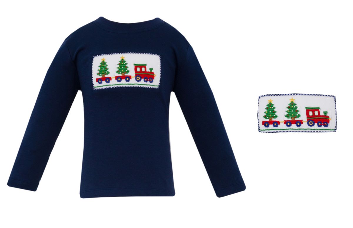 Tree Train Smocked Navy LS Shirt