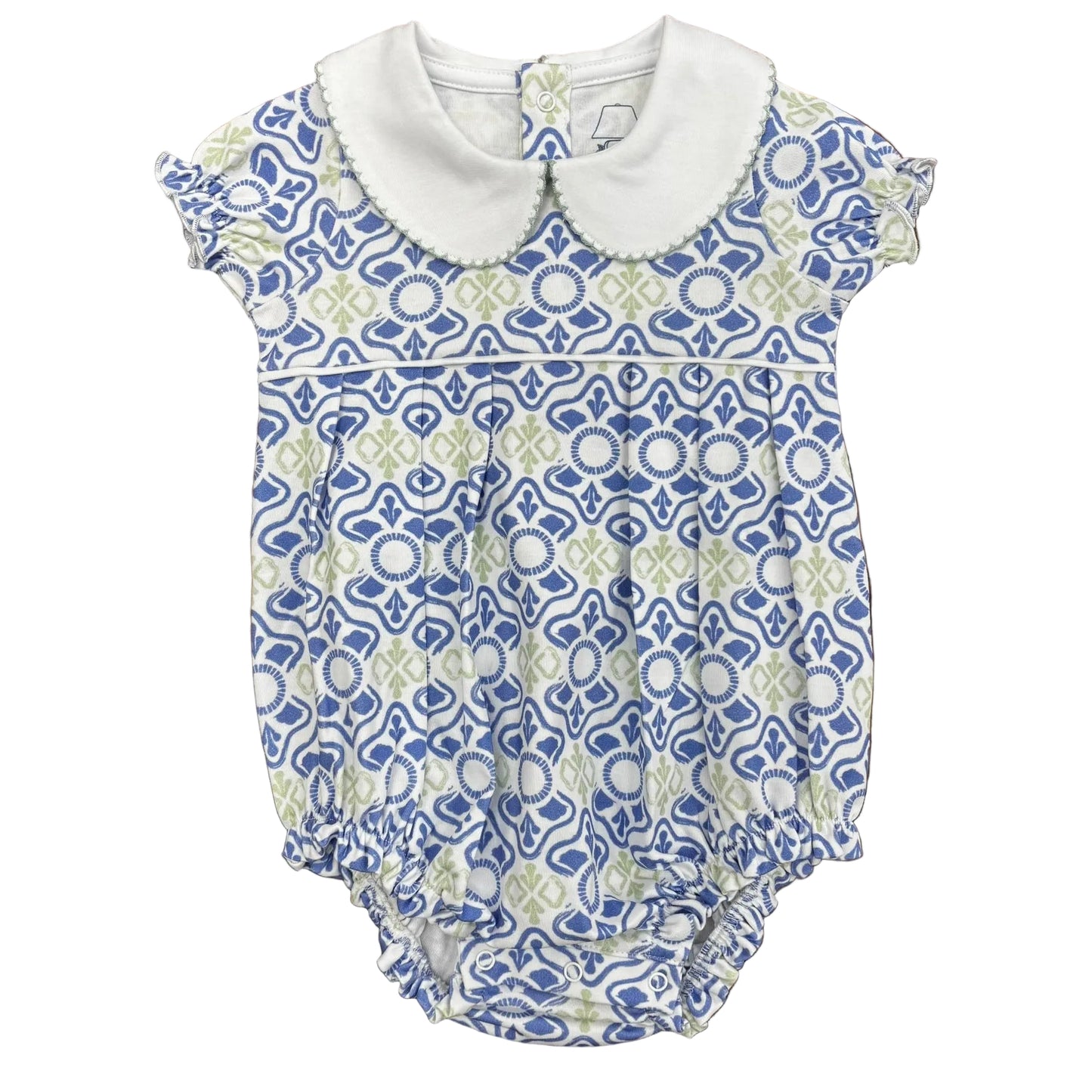 Short sleeve pleated bubble with blue and green pattern and a white collar trimmed in green.