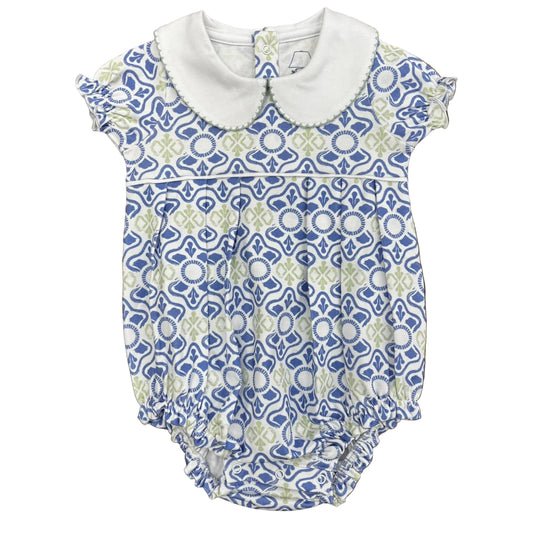 Short sleeve pleated bubble with blue and green pattern and a white collar trimmed in green.