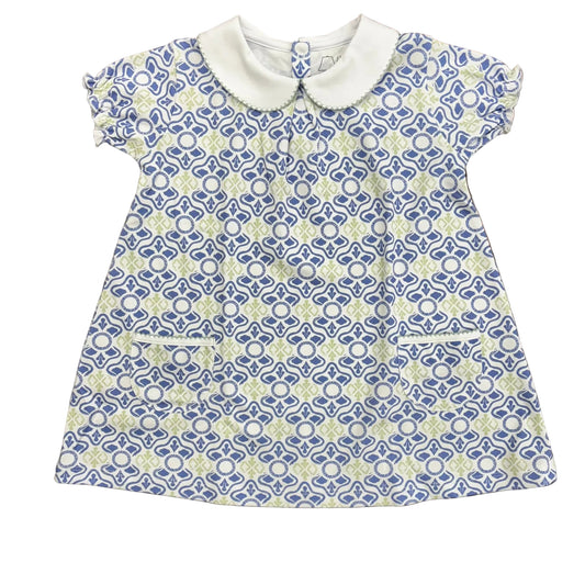 Short sleeve twirl dress with pockets in a blue and green pattern with a green trimmed white collar.