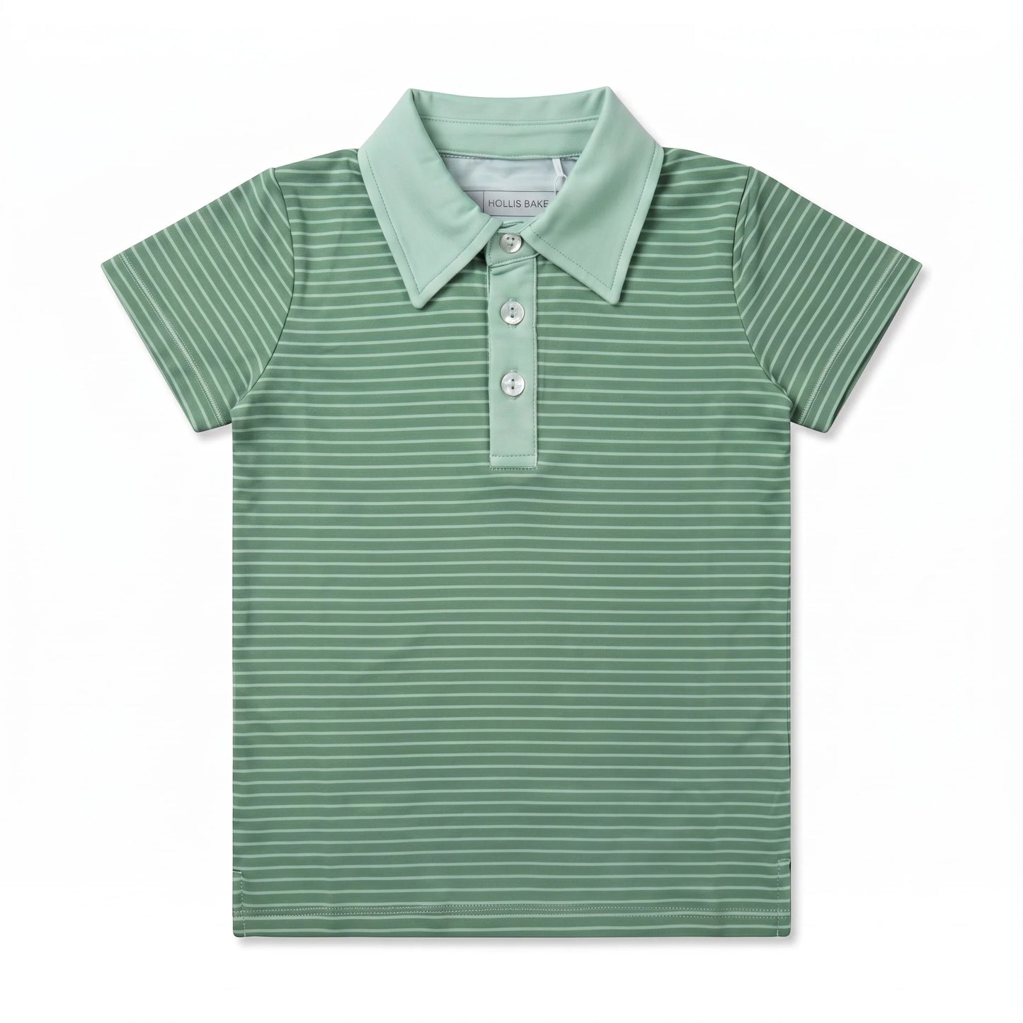 A children's short-sleeve polo shirt in sage green with thin white horizontal stripes, featuring a matching collar and three-button placket, shown flat against a white background.