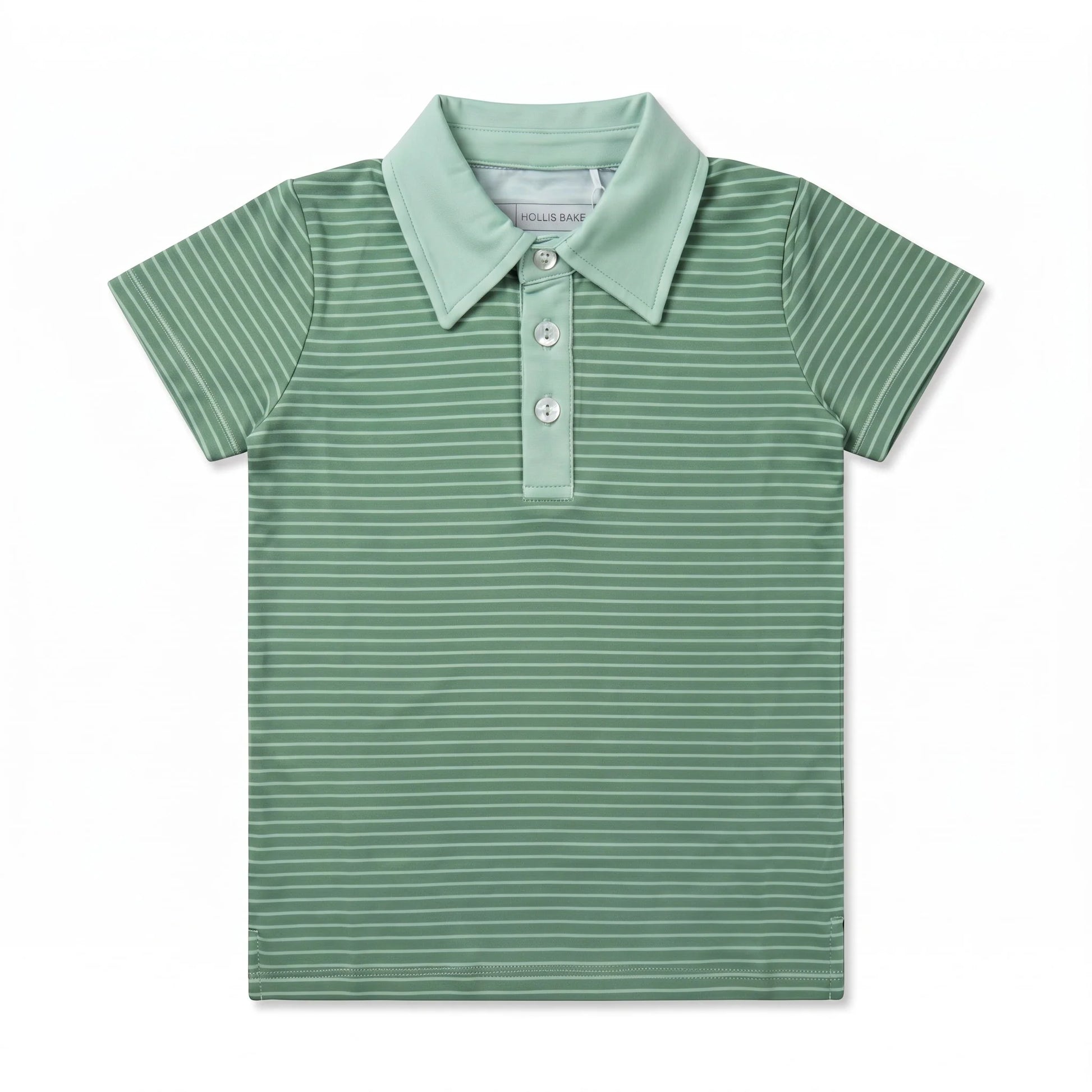 A children's short-sleeve polo shirt in sage green with thin white horizontal stripes, featuring a matching collar and three-button placket, shown flat against a white background.