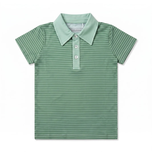 A children's short-sleeve polo shirt in sage green with thin white horizontal stripes, featuring a matching collar and three-button placket, shown flat against a white background.