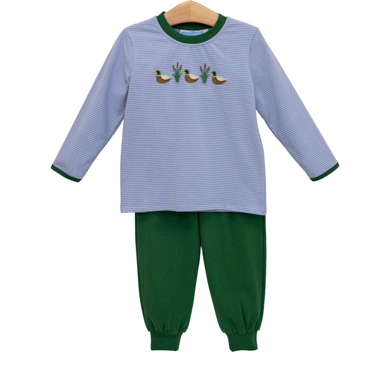 Children's outfit with blue striped shirt and green pants 