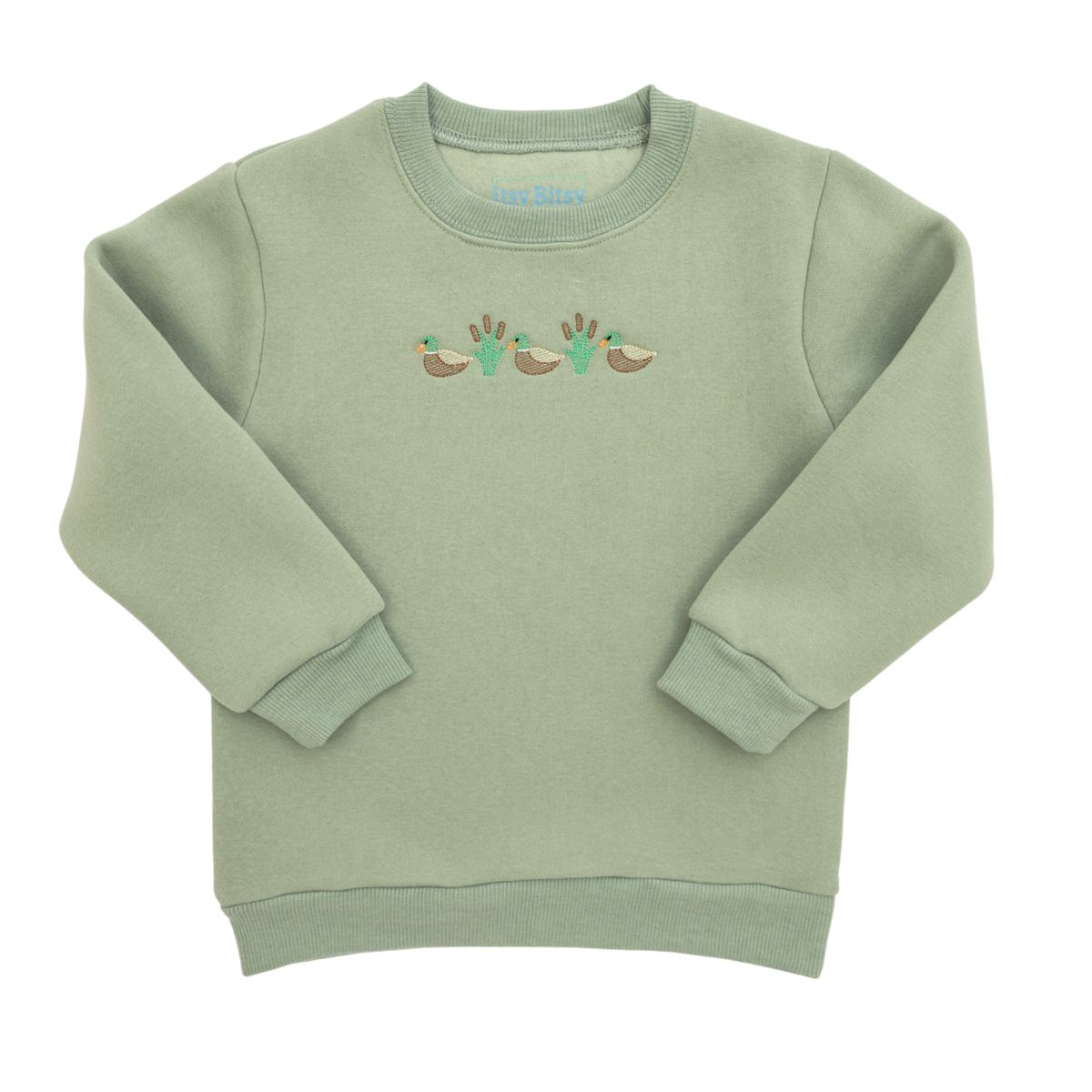 green sweatshirts with mallard duck trio across chest 