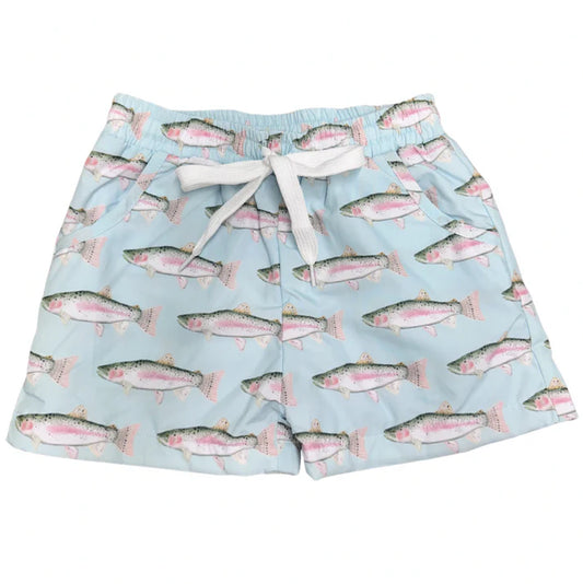 Pale green swim trunks with a trout pattern.