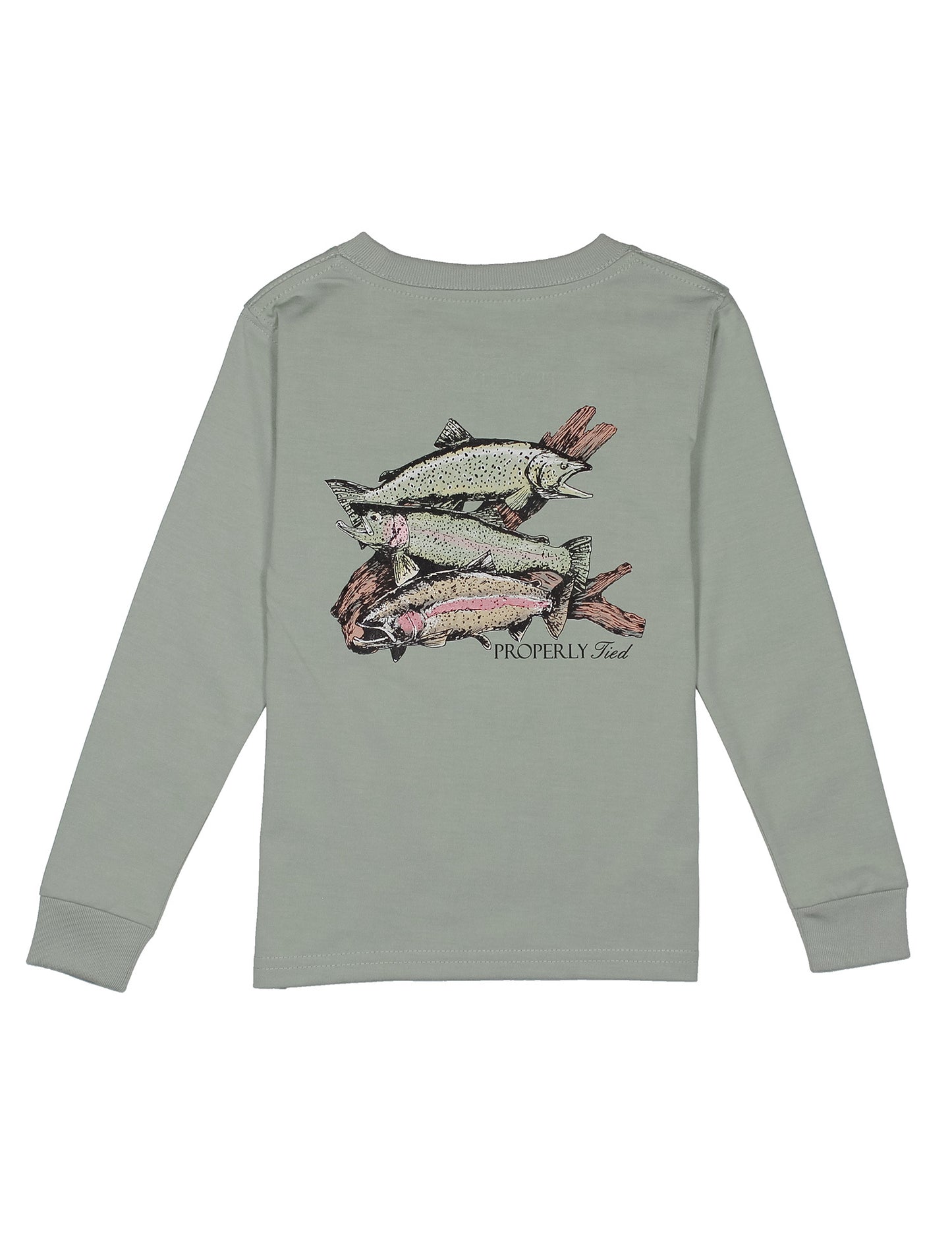 Light green long-sleeve shirt with trout trio fish graphic on the back against a white background