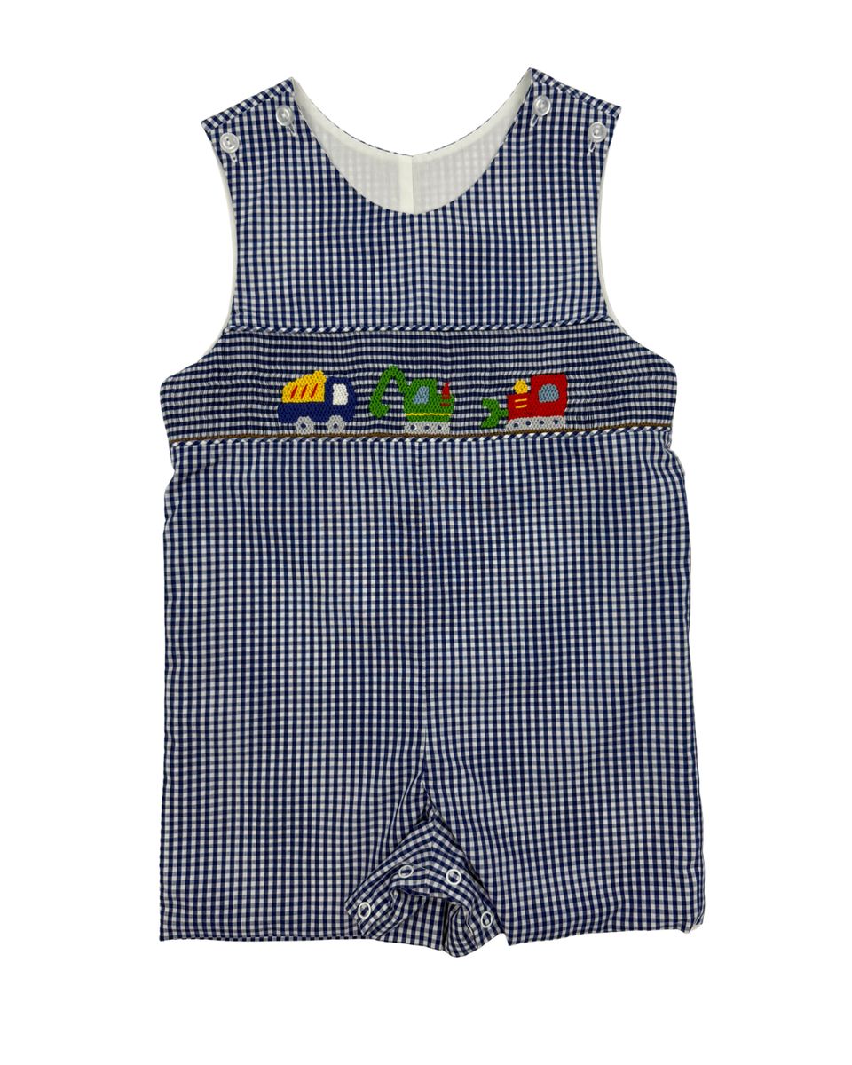Blue checked shortall with construction truck embroidery on smocking.