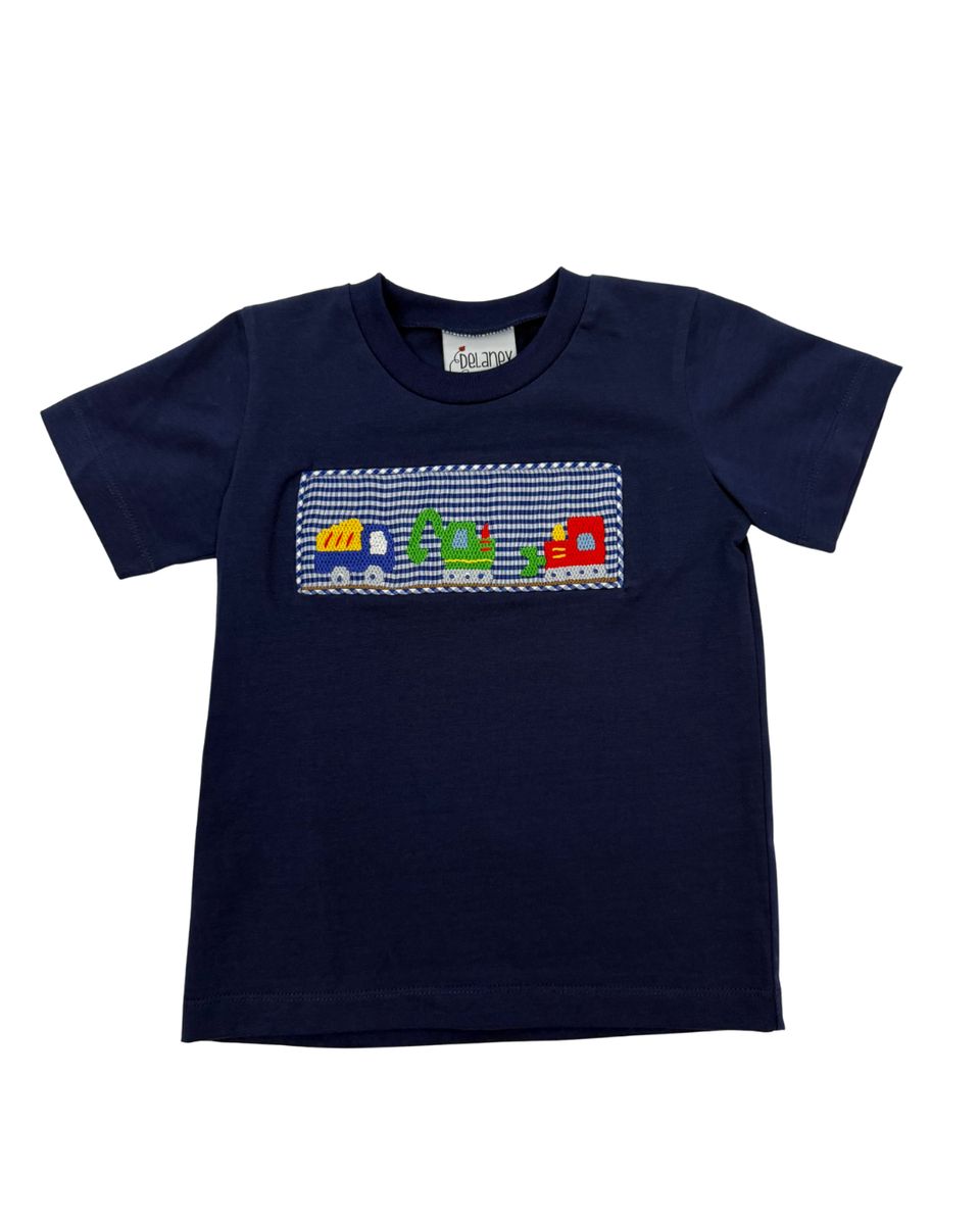 Dark blue short sleeve tshirt with smocked truck applique.
