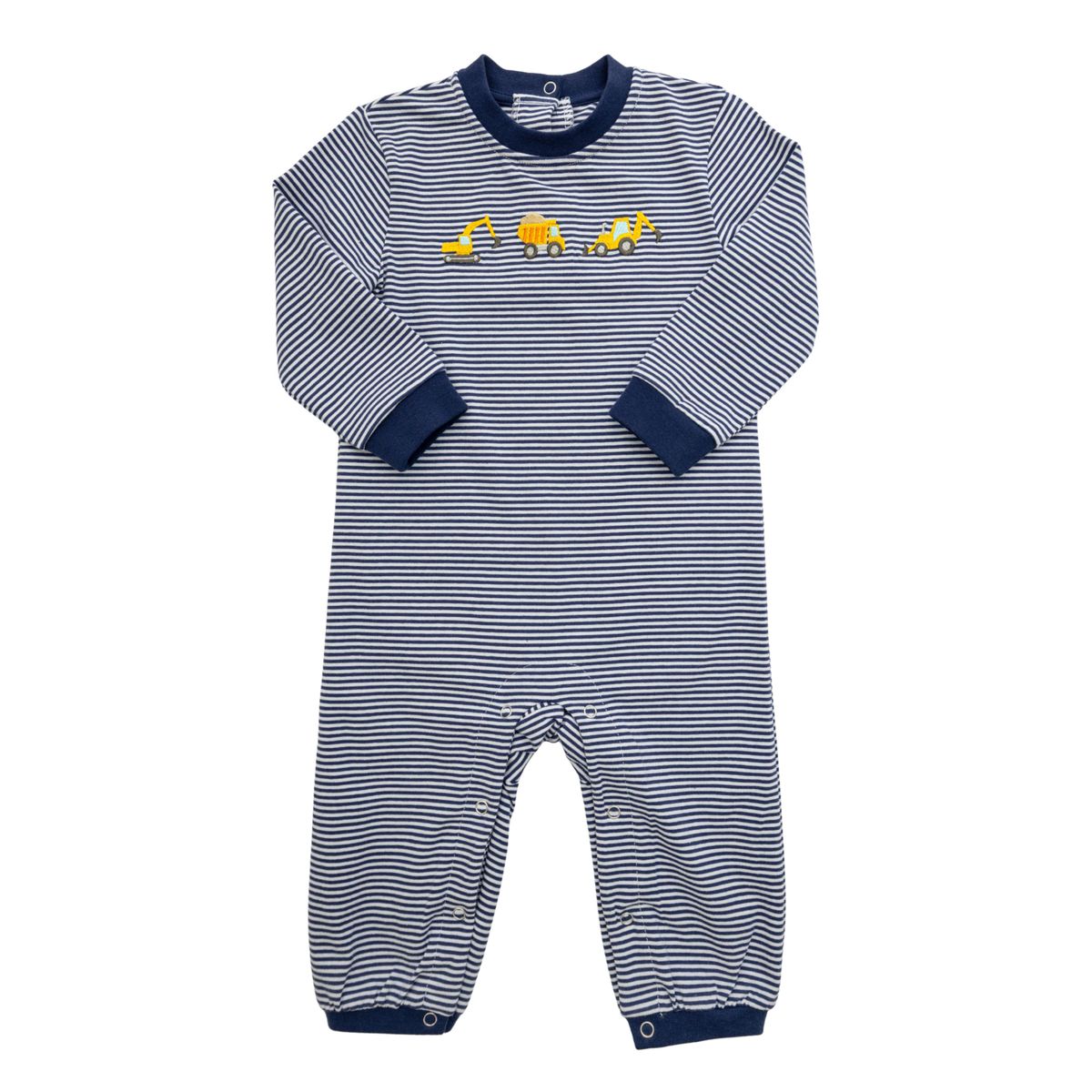 Striped baby romper with construction trucks 