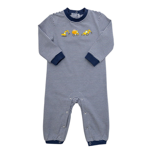 Striped baby romper with construction trucks 