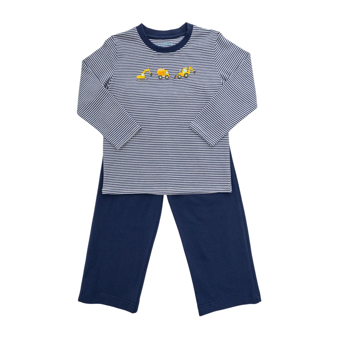 Navy and white striped shirt with construction trucks on front with navy matching pants