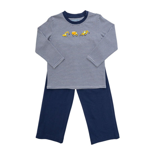 Navy and white striped shirt with construction trucks on front with navy matching pants