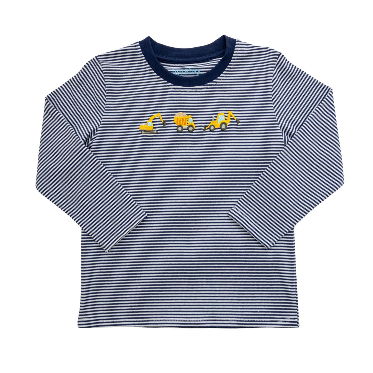 A long-sleeve baby t-shirt with navy and white horizontal stripes, featuring a small embroidered line of yellow construction vehicles on the chest and a solid navy blue crew neck.
