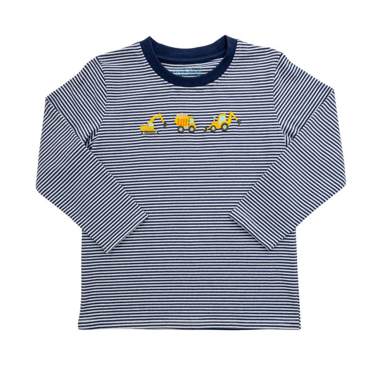 A long-sleeve baby t-shirt with navy and white horizontal stripes, featuring a small embroidered line of yellow construction vehicles on the chest and a solid navy blue crew neck.