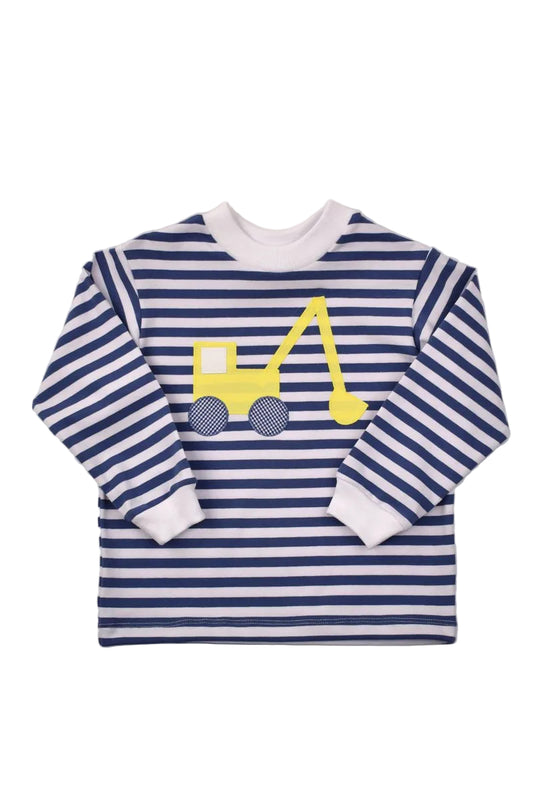 A long-sleeve baby t-shirt with navy blue and white horizontal stripes, featuring a yellow construction excavator applique on the chest, laid flat against a neutral light gray background.