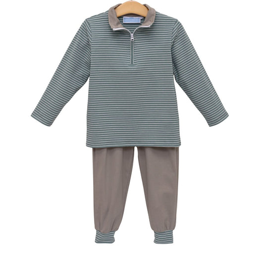 The set includes a long-sleeve quarter-zip pullover top with thin horizontal stripes in green and tan, and matching brown pants with striped cuffs.
