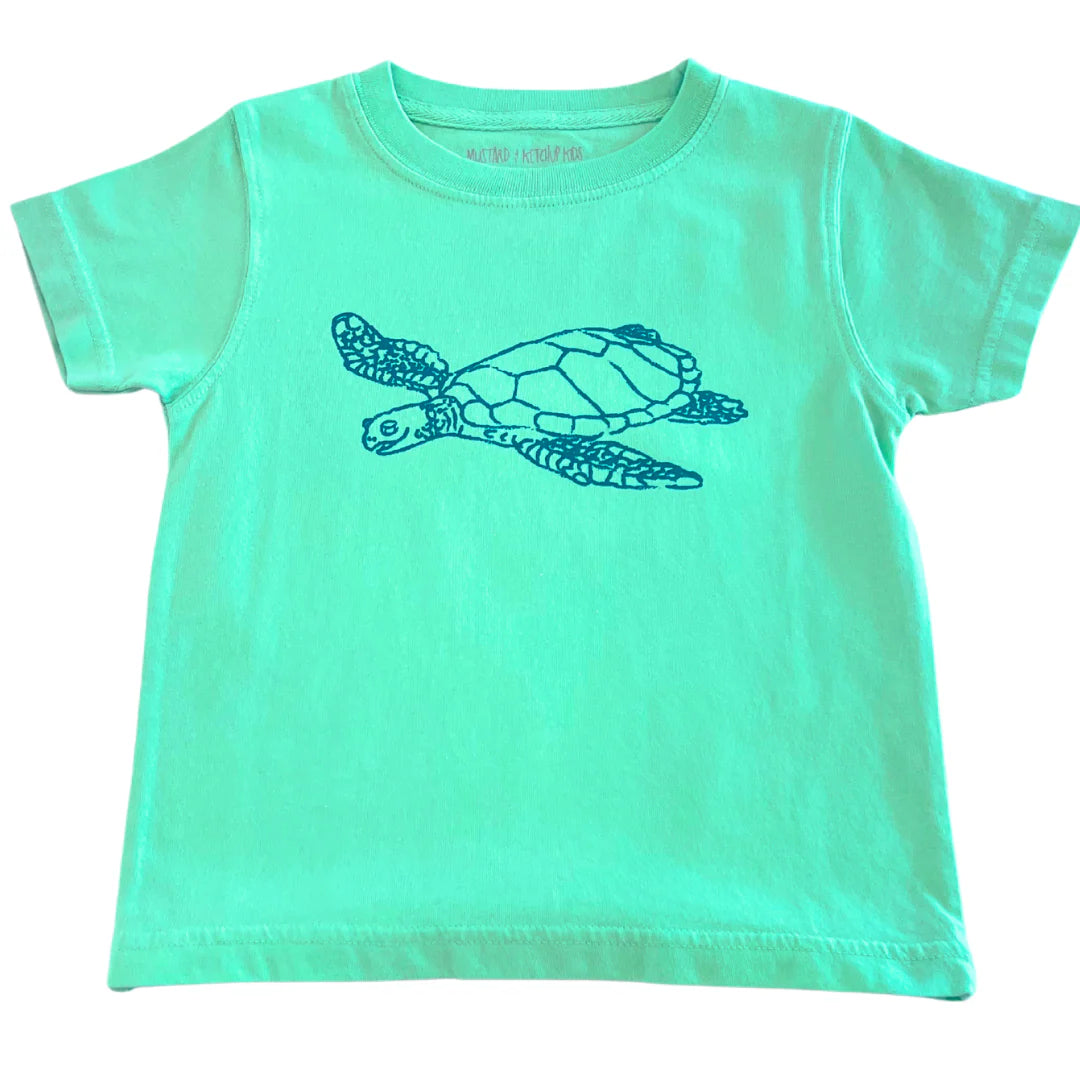 Mint green short sleeve tshirt with a navy turtle design.
