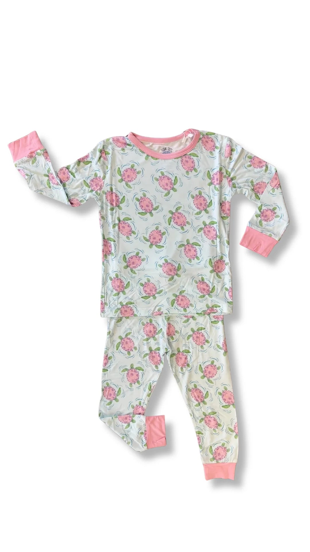 Bamboo two piece pajama set with green/pink turtle print 