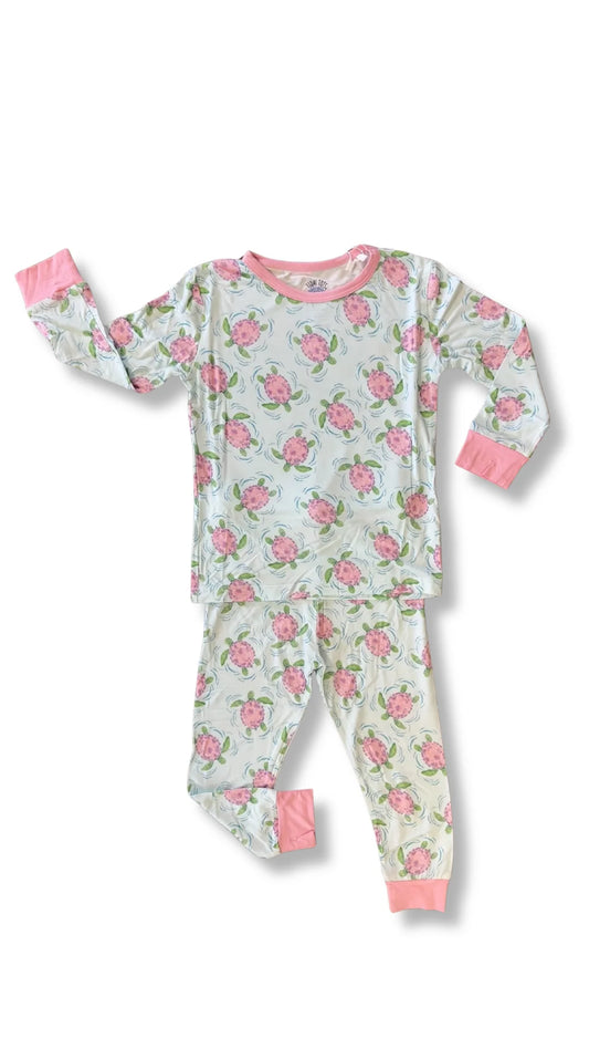 Bamboo two piece pajama set with green/pink turtle print 