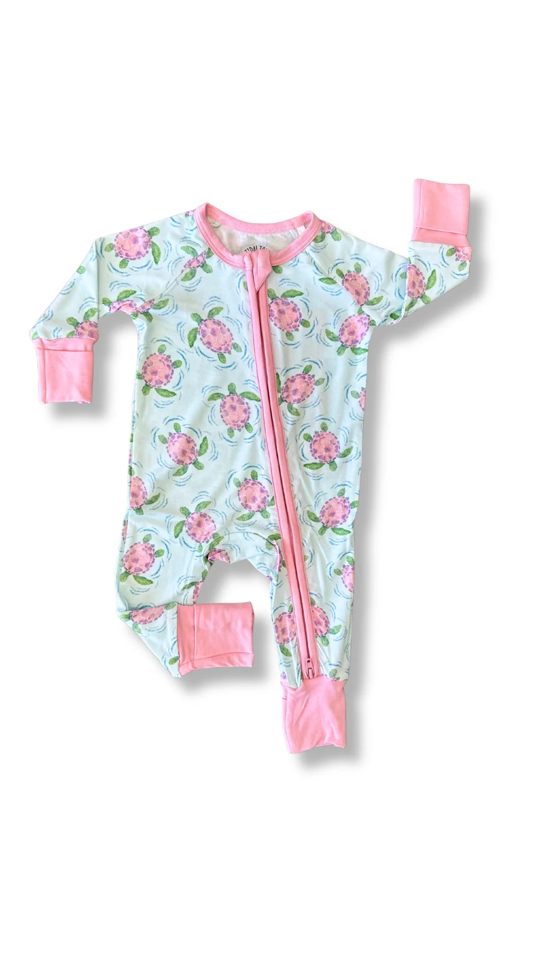 Bamboo zippy one piece with green and pink turtle design 
