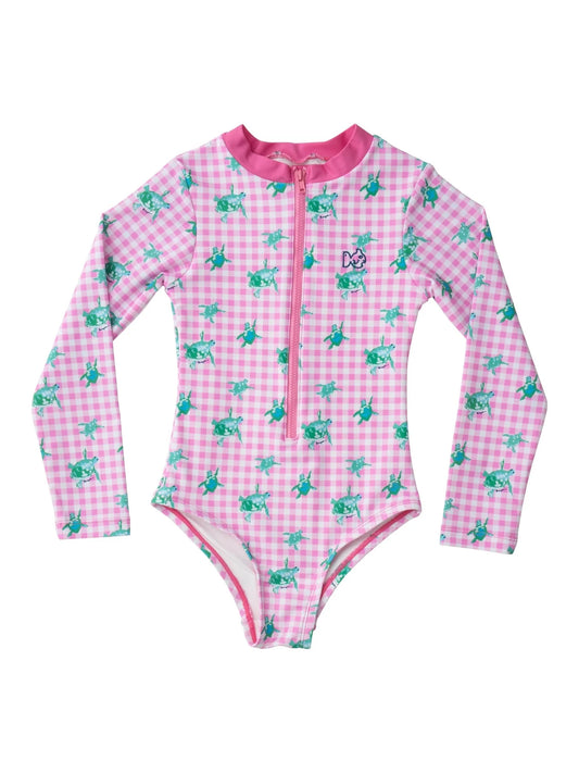 Surf & Turf One Piece Swimsuit- Pink Gingham Turtles