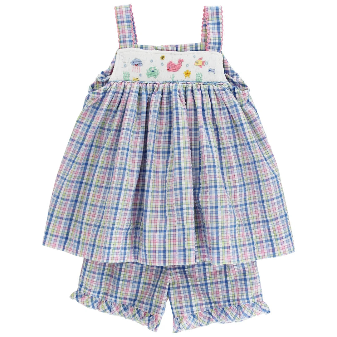Plaid short set with smocked fish on chest