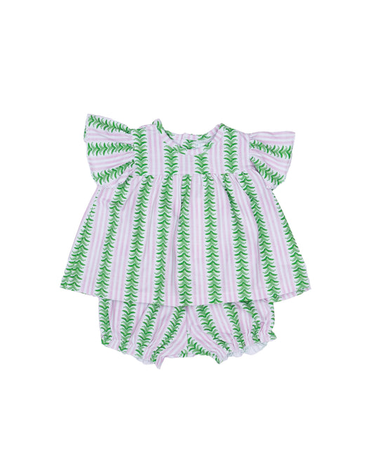 Pink and white striped baby bloomer set with green leaf detail