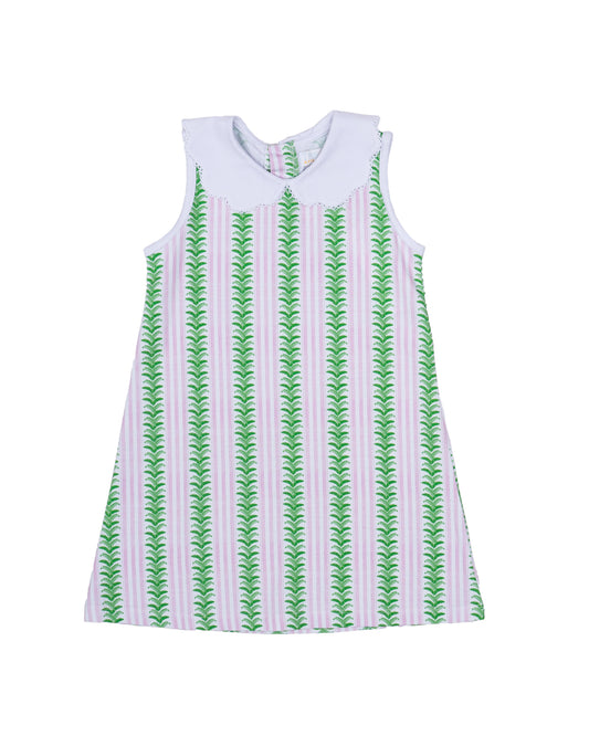 White and pink striped dress with green leaf pattern.