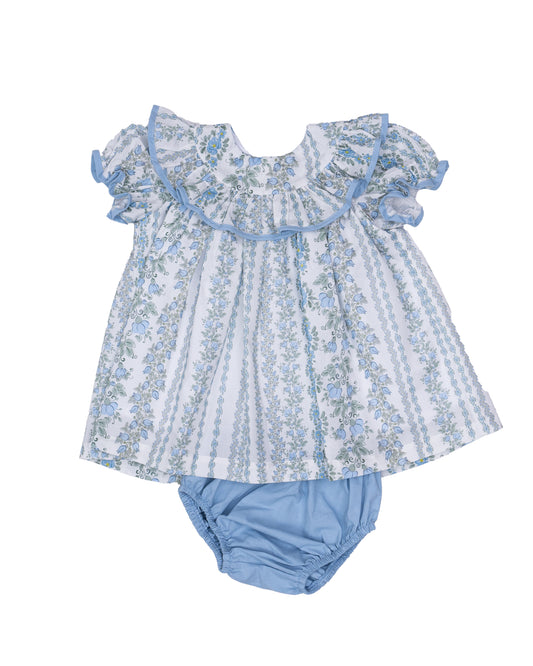 Baby outfit with blue floral top and bloomers with ruffle collar.