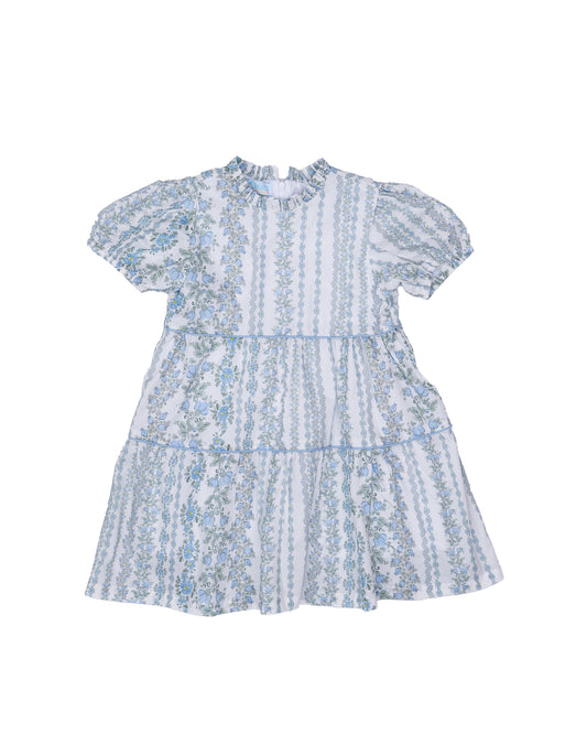 Blue floral dress with ruffle details on front and collar.