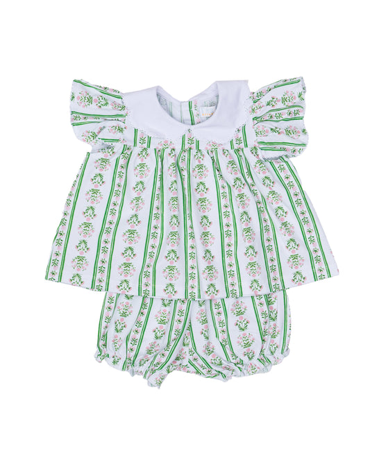 Green/pink and white baby bloomer set with floral pattern with a white collar 