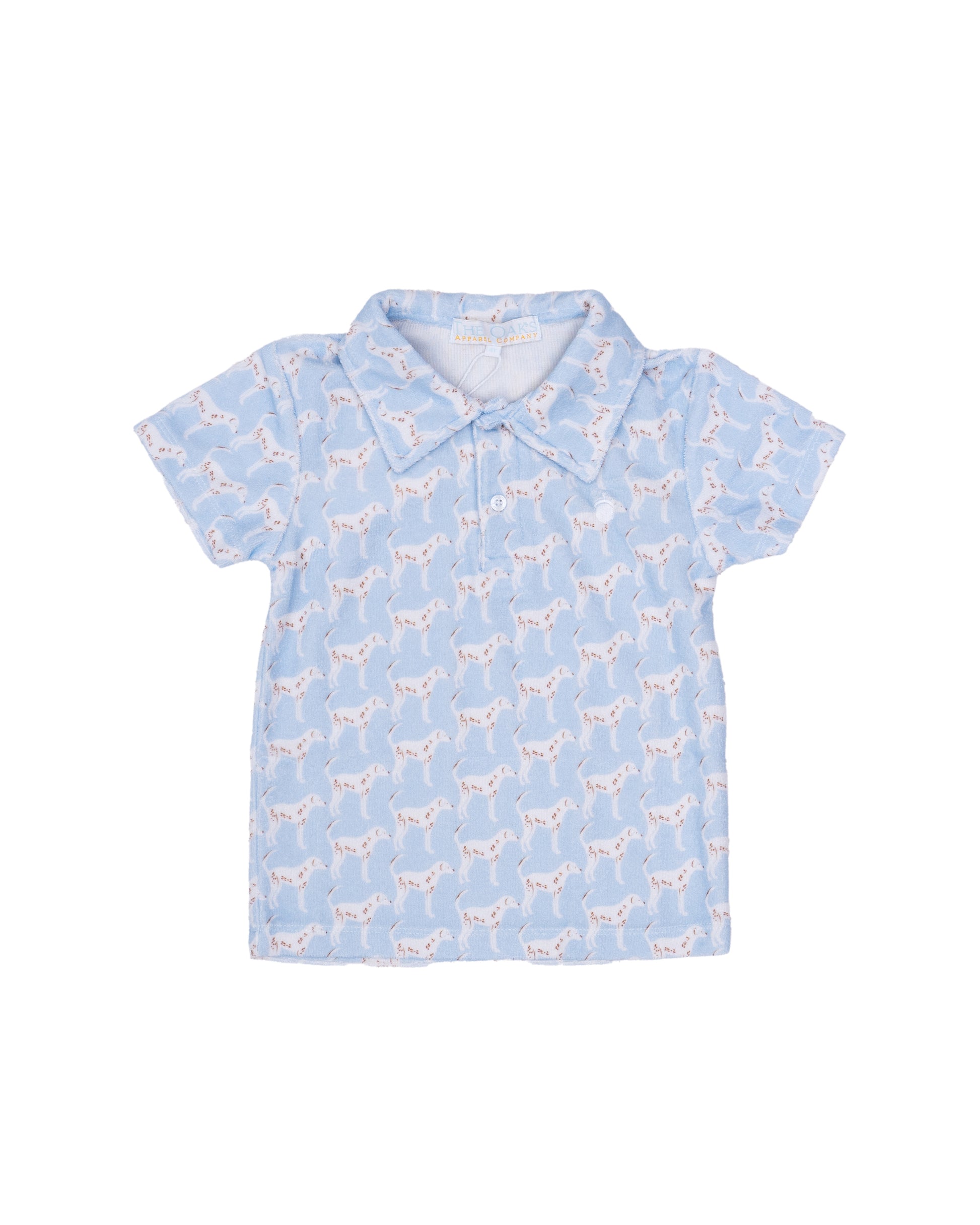 Light blue polo shirt with dog pattern and collar with three buttons.