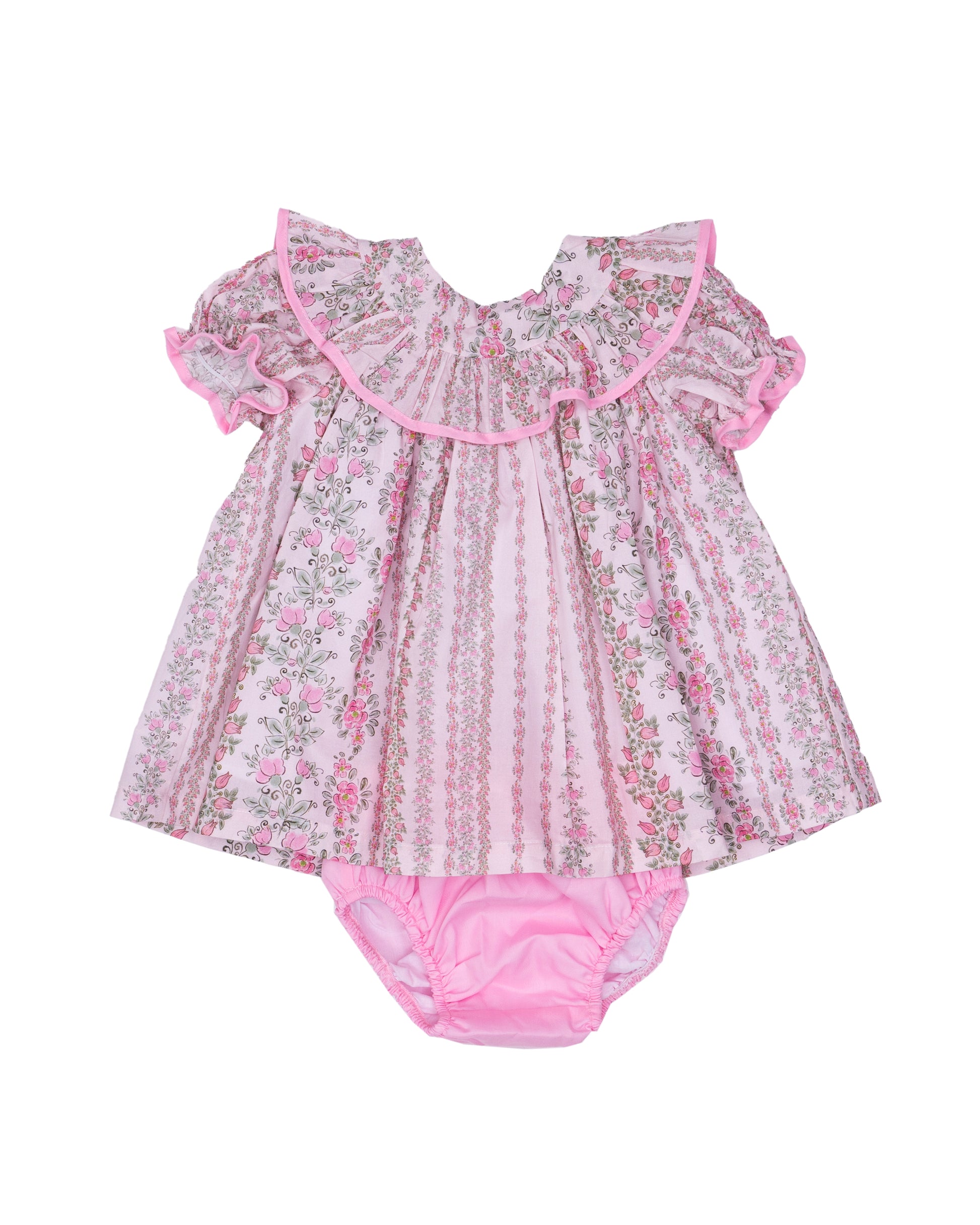 Floral pink bloomer set with ruffled collar with ruffle collar.